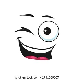 Emoticon ok gesture winking blinking eye isolated icon. Vector naughty cheerful emoji in good mood, positive facial expression, closed eye. Cute cartoon winking face, happy emoji with toothy mouth