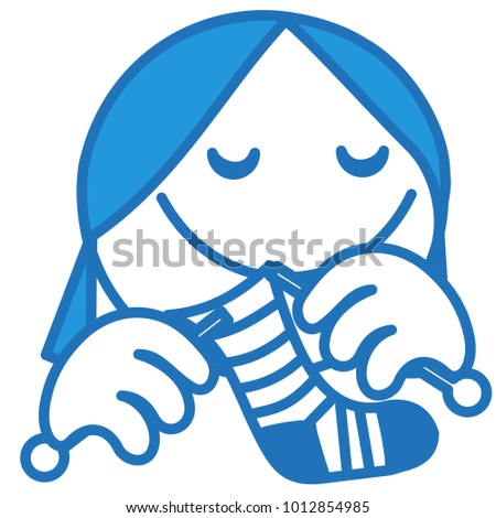 emoticon with old skilled grey-headed lady or elderly white-haired woman knits up or darns striped knitted sock using knitting needles with pleasure, circle or ball shaped emoji, eps 10