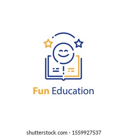 Emoticon and open book, education concept, fun learning, preschool preparation, fast course for beginner, vector outline icon