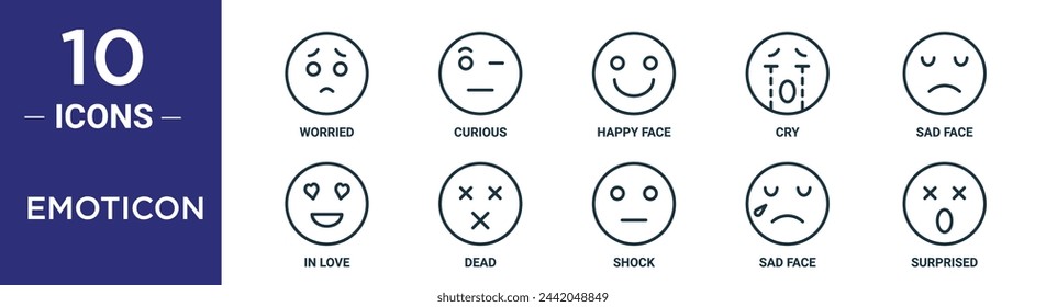 emoticon outline icon set includes thin line worried, curious, happy face, cry, sad face, in love, dead icons for report, presentation, diagram, web design