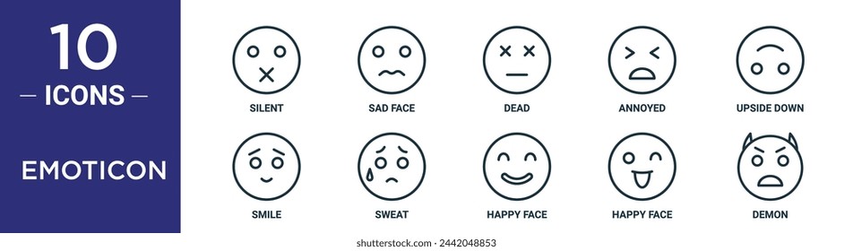 Emoticon Outline Icon Set enthält dünne Linie Silent, trauriges Gesicht, tot, genervt, umgedreht, Lächeln, Schweiß Icons für Bericht, Präsentation, Diagramm, Web-Design