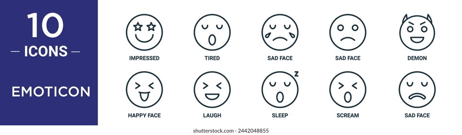 emoticon outline icon set includes thin line impressed, tired, sad face, sad face, demon, happy face, laugh icons for report, presentation, diagram, web design