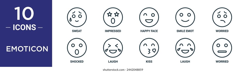 emoticon outline icon set includes thin line sweat, impressed, happy face, smile emot, worried, shocked, laugh icons for report, presentation, diagram, web design