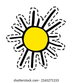 Emoticon or patch with sun and rays, decorative sunburst sunrise or sunset. Circle with line, showing warmth and positivity expression. Sticker or isolated icon, label or emblem. Vector in flat style