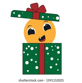 Emoticon peeking out of an open gift box. EPS 10.  
Flat vector illustration  Isolated on white background