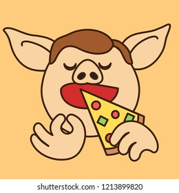 emoticon with pig gourmet that is tasting a piece of hot pepperoni pizza with extra cheese, meat, pepper & olives with great pleasure & showing italian bellissimo gesture, foodie eating a tasty food