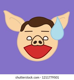 emoticon with pig guy with a water drop above his head expressing that he got caught, vector emoji drawn by hand in color, simplistic colorful picture, simple handdrawn illustration