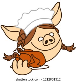 emoticon with pig waitress that is carrying a dish with fried chicken, woman dressed in a classic waiter outfit with hat bringing an order to the client, vector emoji drawn by hand in color