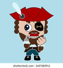 emoticon with pirate captain with a prosthetic hook in place of missing arm wearing an eye patch and a wig, buccaneer in a cocked hat with feather, corsair with beard and mustache, primitive vector 