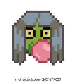 Emoticon pixel art face with pink gum ball and long hair, funny smiley cartoon character 8-bit style. Isolated abstract vector illustration.