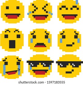 pixel art emoji images stock photos vectors shutterstock https www shutterstock com image vector emoticon pixel art set social media 1597183555
