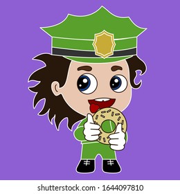 emoticon with police officer or policeman that is wearing a green uniform peaked cap smacking his lips before eating a doughnut, vector emoji in color