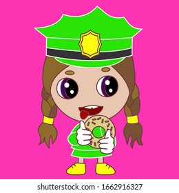 emoticon with police officer or policewoman that is wearing a green uniform peaked cap smacking his lips before eating a donut, vector emoji in color