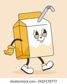 Emoticon with positive facial expression, hands and legs. Childish drawing or paper craft, smiling sticker in form of tetra pak packaging with straw. Mascot cartoon personage. Vector in flat style