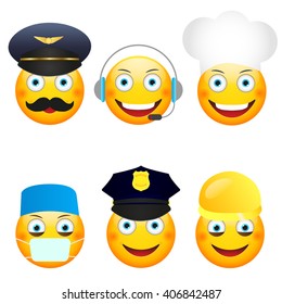 Emoticon proffesions small set.  Emoticon pilot, support, cook, doctor, policeman, worker. Emoticon vector. 