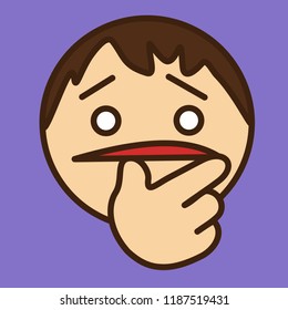 emoticon with puzzled man that is thinking about a problem & unsure what to decide while touching his lips with thumb & finger & scratching his chin, decisive pose & gesture with hand that touch mouth
