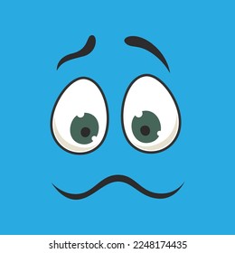 Emoticon with questioning facial expression vector illustration. Eyes and mouth of cute expressive cartoon character, comic happy face isolated on blue background. Emotions concept