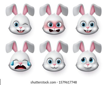 Conjunto vector de la cara de conejo emoticono. Emojis conejos o conejitos y emociones cara animal con caras bonitas, llorosas, asustadas y lindas para el símbolo y el símbolo aislados en fondo blanco. 