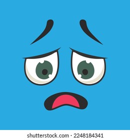 Emoticon with really sad facial expression vector illustration. Eyes and mouth of cute expressive cartoon character, comic sad face isolated on blue background. Emotions concept