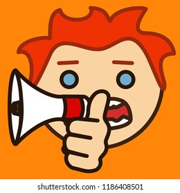emoticon with redhead boy that is shouting with megaphone, guy speaking with trumpet or bullhorn, man using a loud-hailer to shout out loud, circle shaped vector emoji in color
