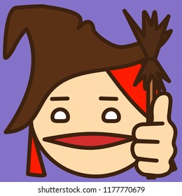 emoticon with redhead girl wearing a halloween costume with witch hat & a broom, circle shaped vector emoji in color, simplistic colorful pictogram, ball like personage with thick outlines