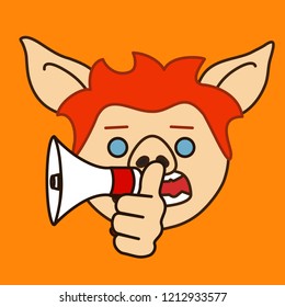 emoticon with redhead pig boy that is shouting with megaphone, guy speaking with trumpet or bullhorn, man using a loud-hailer to shout out loud, vector emoji drawn by hand in color