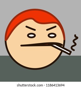 emoticon with redhead smoker that is smoking his cigarette with disdained face, street thug fooling around the city with weed joint in his mouth, circle shaped vector emoji in color