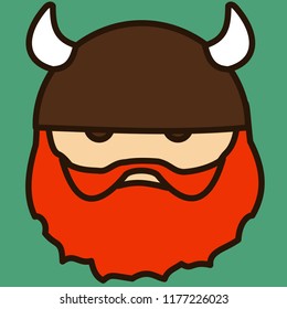 emoticon with redhead viking with strong beard and mustache wearing a horned helm, circle shaped vector emoji in color, simplistic colorful pictogram, ball like personage with thick outlines