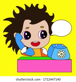 emoticon with retro boy secretary that holds a vintage handset near his ear while answering the phone call, vector emoji in color