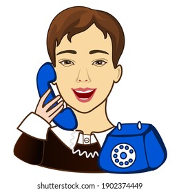 emoticon with retro man secretary that holds a vintage handset near his ear while answering the phone call, vector emoji in color