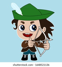 emoticon with Robin Hood shooting arrow from bow, classic folk character wearing medieval English hat,famous thug that lived in Sherwood forest of Nottinghamshire during dark ages of England