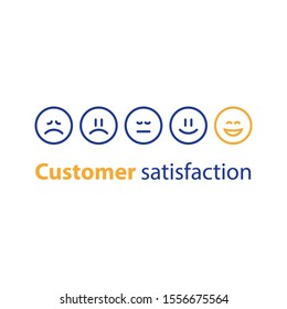 Emoticon in a row, rating concept, customer service, feedback survey, vector flat illustration