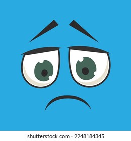 Emoticon with sad facial expression vector illustration. Eyes and mouth of cute expressive cartoon character, comic sad face isolated on blue background. Emotions concept