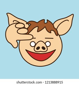 emoticon with saluting pig man that shows his respect by touching his head or forehead with right hand, salute gesture formed by finger placed on temple, simplistic colorful picture