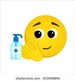 Emoticon with sanitizer cleans your hands. Vector illustration in cartoon style. Preventive measures to protect against the virus concept