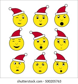 Emoticon in Santa's cap set. Yellow faces with different emotions for app, site, social media with new year theme. Vector illustration of smile, surprise, anger, boredom and others