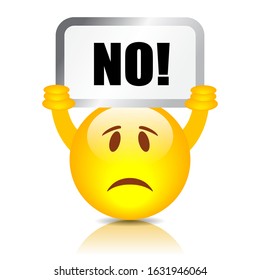 Emoticon with Say No placard, vector illustration on white background