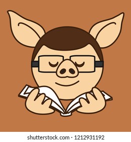 emoticon with school pig boy or a university student that is wearing glasses while studying or reading a book, vector emoji drawn by hand in color, simplistic colorful picture