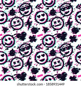 Emoticon seamless pattern. Smile face icon background. Glitch style. Vector texture.