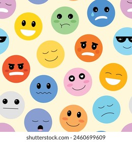 Emoticon seamless vector pattern. Various moods and emotions character faces. Repeat background design.