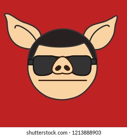 emoticon with serious emotionless security pig man that is wearing dark glasses that symbolize respect and authority, vector emoji drawn by hand in color, simplistic colorful picture