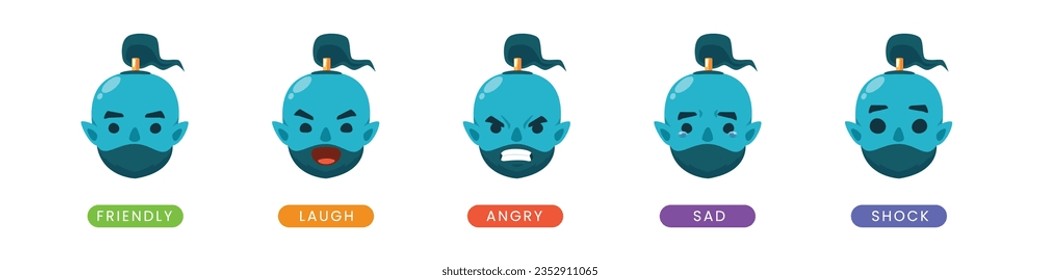 Emoticon set of the blue genie. Isolated Vector Illustration