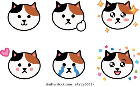 Emoticon set of cartoon calico cats. Vector illustration isolated on a transparent background. Includes six patterns.