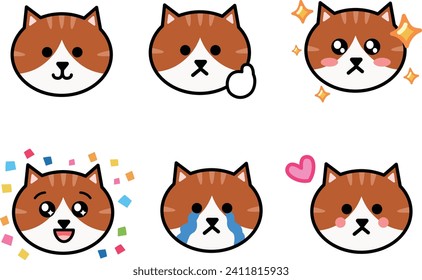 Emoticon set of cartoon tabby cats. Vector illustration isolated on a transparent background. Includes six patterns.