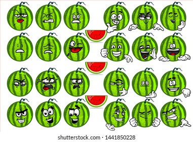 emoticon. set of funny watermelon cartoon character Mascot with various face expression. Vector Illustration Isolated On White Background