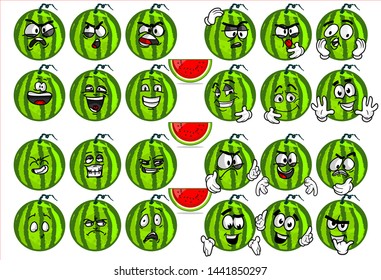 emoticon. set of funny watermelon cartoon character Mascot with various face expression. Vector Illustration Isolated On White Background