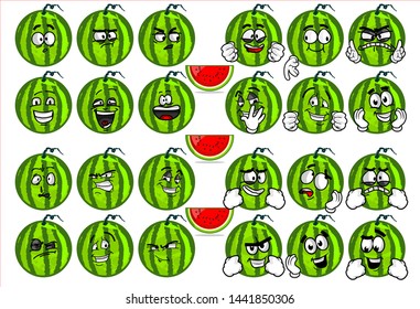 emoticon. set of funny watermelon cartoon character Mascot with various face expression. Vector Illustration Isolated On White Background