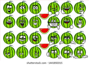 emoticon. set of funny watermelon cartoon character Mascot with various face expression. Vector Illustration Isolated On White Background