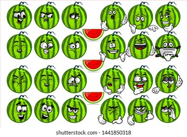 emoticon. set of funny watermelon cartoon character Mascot with various face expression. Vector Illustration Isolated On White Background