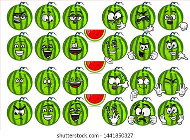 emoticon. set of funny watermelon cartoon character Mascot with various face expression. Vector Illustration Isolated On White Background